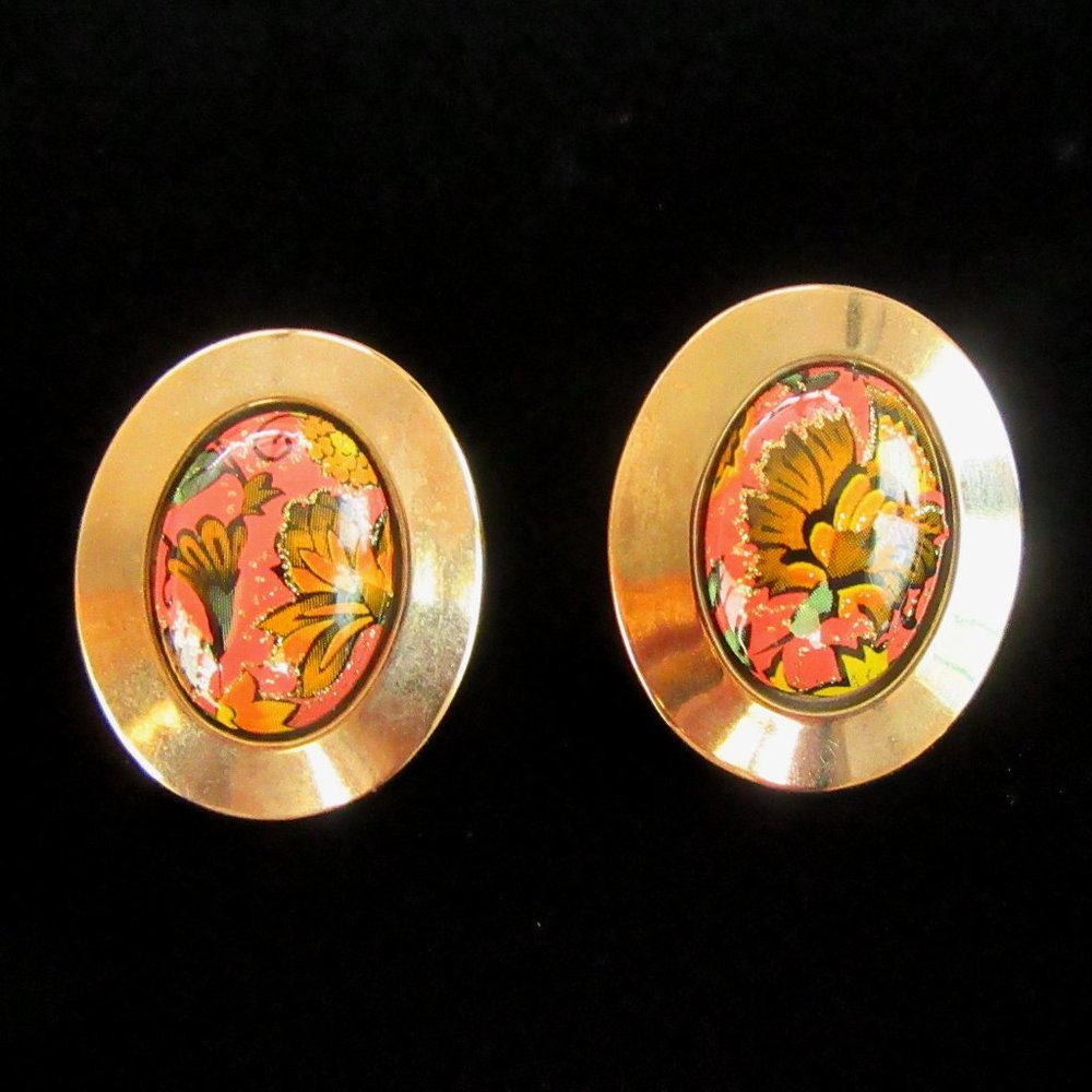 Vintage floral tapestry style clip on button earrings - gold tone frame